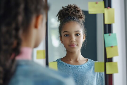 Young mixed race girl confidently looking at her reflection in a mirror, sticky notes visible on the frame