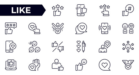 Like line icon set. Hand gesture thumbs up, favorite, positive, best, confirmation, approval and agreement.Outline icon collection.Conceptual pictogram and infographic.