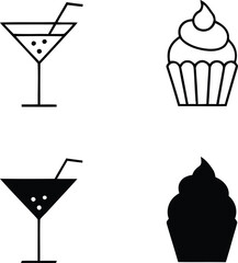 Set of two line art and silhouette icons for cocktail and cupcake