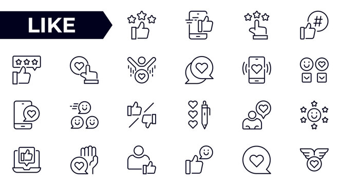 Like line icon set. Hand gesture thumbs up, favorite, positive, best, confirmation, approval and agreement.Outline icon collection.Conceptual pictogram and infographic.