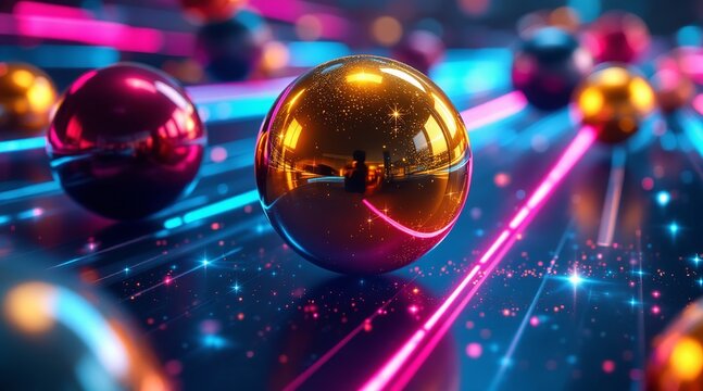 Golden sphere on a reflective surface with neon lights creating a futuristic and vibrant abstract background with depth of field