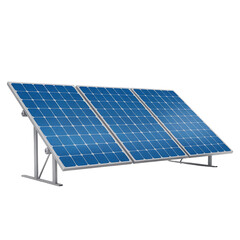 Three blue solar panels mounted on a metal frame isolated on transparent background