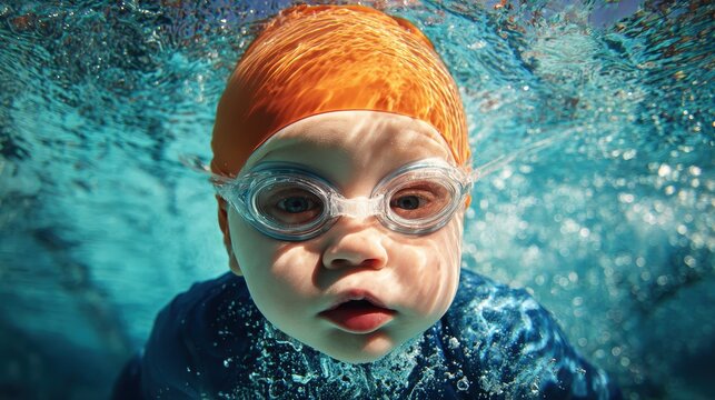 Boy with Down syndrome in a swim cap and goggles at a pool