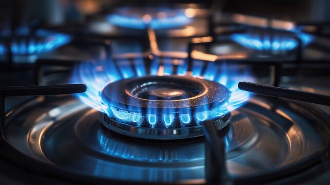 Blue flames from a gas stove burner. Cooking with natural gas in a modern kitchen. Energy efficiency and home appliance concept for household use.
