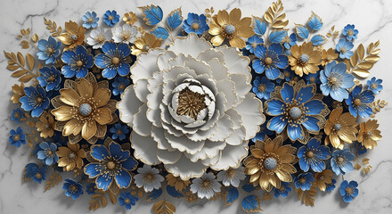 Luxurious Marble Background with 3D Sculpted Flowers, 3D Floral Wallpaper, 3D Wall Mural, 3D Floral Background.