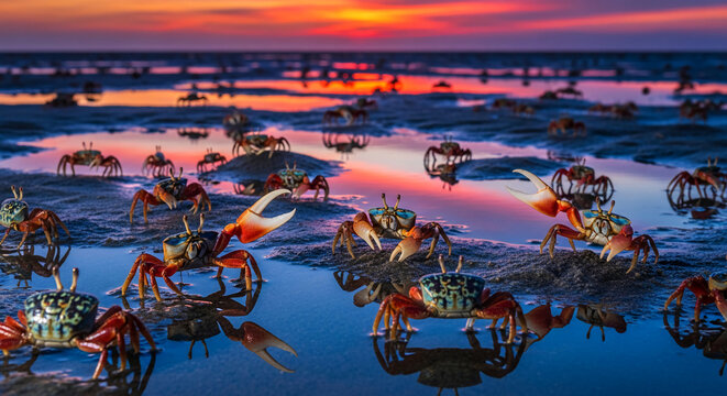 Group of crabs on wet sand at sunset, showing biodiversity and coastal ecosystem, representing nature's beauty, wildlife, and environmental concepts