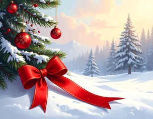 Festive Christmas scene with snow and decorations.