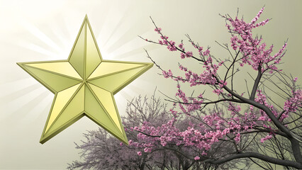  Watercolor star illustration in lemongrass and prunus evoking Mardi Gras festiveness with copy space
