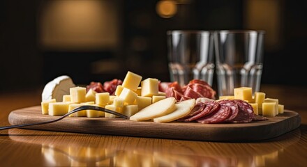 An elegant charcuterie board with an assortment of cheeses and cured meats is beautifully arranged on a wooden platter for a gourmet appetizer tasting in a cozy, warm setting