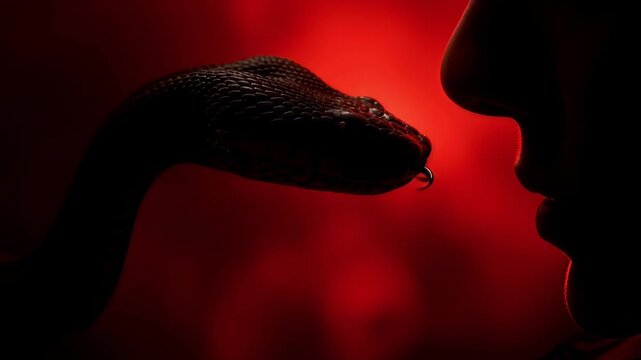 close up snake facing human silhouette with red dramatic light symbolizing danger temptation and fear in dark mysterious atmosphere