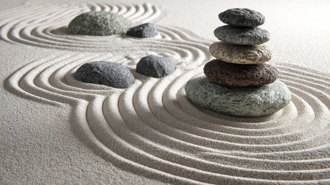 Zen Garden Harmony - Stacked Stones in Sand Circles, Serene Balance.