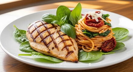 Delicious Grilled Chicken Breast with Spinach and Sun-Dried Tomato Pasta on a Plate