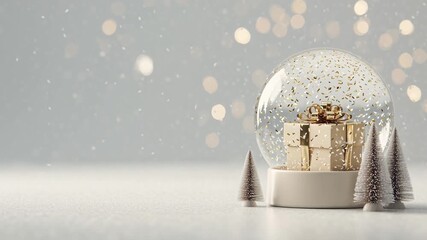 Snow globe with gift boxes and gold confetti, gentle snowfall and minimalist winter scene — elegant Christmas/New Year holiday background animation - Powered by Adobe