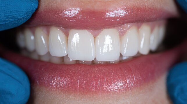 Dentist shows the patient s ideal smile after veneers or whitening