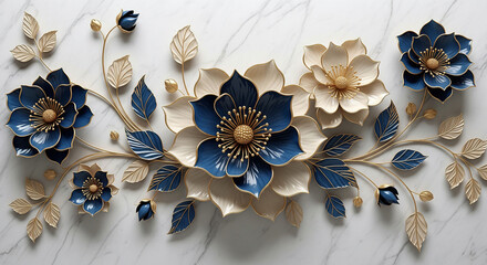 Luxurious Marble Background with 3D Sculpted Flowers, 3D Floral Wallpaper, 3D Wall Mural, 3D Floral Background.