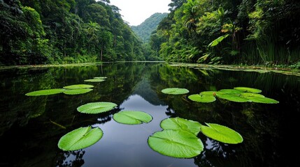 A serene pond with water lilies floating on the surface, surrounded by dense greenery