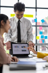 Professionals engaging in meeting, discussing strategy and ideas, with sticky notes on the window suggesting brainstorming.