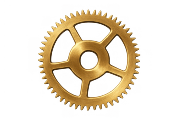 Golden gear wheel representing mechanics, engineering, industry, teamwork, connection, and progress on transparent background