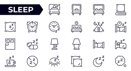 Sleep line icon set. Sleeping person, sleep, night rest, bed, pillow, sleeping pills, earplugs, moon, lullaby, bedtime story and more. Series outline icons. Vector pictogram collection.
