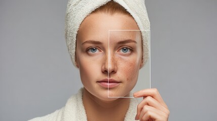 Detailed image of a woman with clear skin holding a picture of pimpled skin