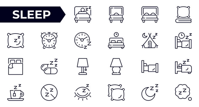 Sleep line icon set. Sleeping person, sleep, night rest, bed, pillow, sleeping pills, earplugs, moon, lullaby, bedtime story and more. Series outline icons. Vector pictogram collection.