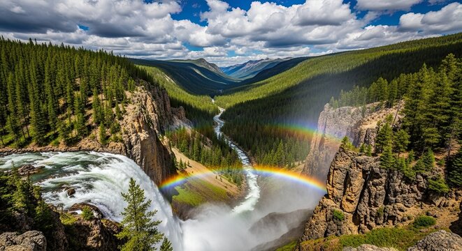 Majestic panoramic landscape of a massive waterfall and a beautiful rainbow arching over a winding river in a pristine mountain valley under a dramatic cloudy sky