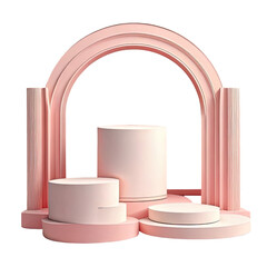 Pink pedestal display with arch, cylindrical platforms