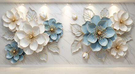 Luxurious Marble Background with 3D Sculpted Flowers, 3D Floral Wallpaper, 3D Wall Mural, 3D Floral Background.