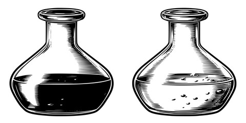 Vintage Vials Science: Three Glass Flasks Black White | Clean, isolated vector art for creative projects.