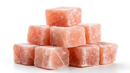 Pile of himalayan pink salt cubes on white background. 