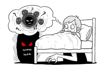 Terrified child hiding from monsters under bed