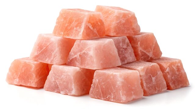 Pile of pink himalayan salt blocks on white background 
