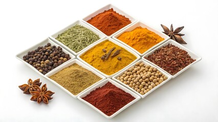 Spice selection in square bowls arranged on a white surface.  