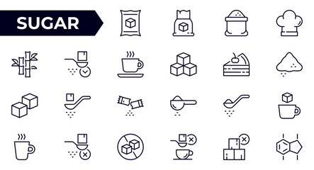 Sugar line icons set. Granulated, lump sugar, cube, refined sugar, sweetener, portioned cane sugar, fructose, saccharide and more. Outline icon collection. Pictograms.