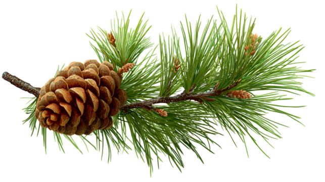 Close up of a realistic green pine tree branch with a cone on a white background, vector illustratino.