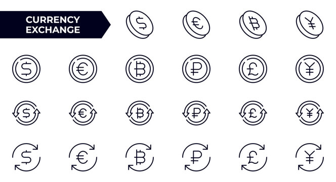 currency exchange line icon set. Dollar sign, euro, pound, yuan, ruble, bitcoin, cryptocurrency, banknote and more. Outline vector icon in linear style. Pictogram collection