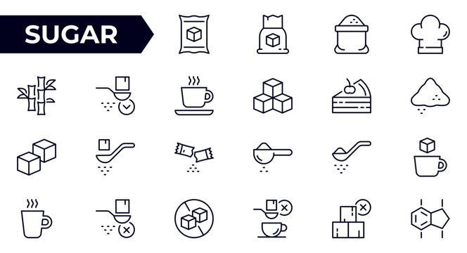 Sugar line icons set. Granulated, lump sugar, cube, refined sugar, sweetener, portioned cane sugar, fructose, saccharide and more. Outline icon collection. Pictograms.