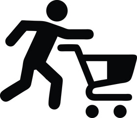 Rushing Shopper Icon: Black Silhouette of a Person Pushing a Shopping Cart, Symbolic Grocery Run                                                      