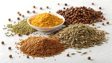 Assorted spices on white surface. culinary food concept. 