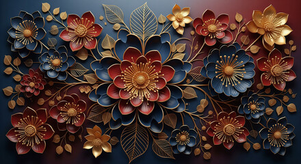 3D Floral Art with colorful flowers leaves, modern mural wall art illustration