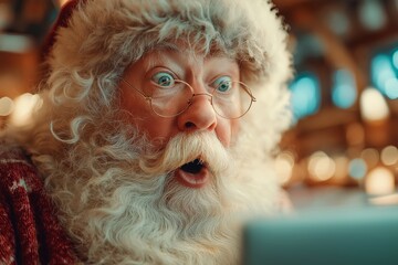 Santa Claus with a laptop reads children's letters, types on the computer, and buys gifts online. Santa Claus with a computer on Christmas Eve. Sending gifts to Santa Claus by mail. Winter holidays.