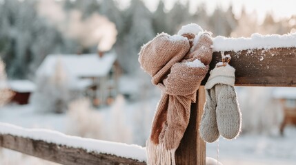 Knitted scarf and mittens hanging on snow covered wooden fence in rural winter setting, cozy seasonal still life with soft natural light for winter lifestyle concept