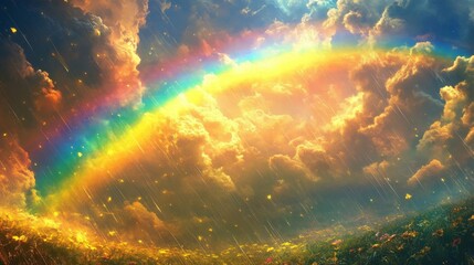 Obraz premium Golden Rainbows Over A Flowery Field
