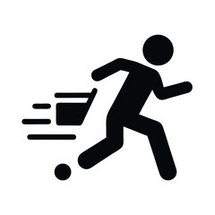Fast Delivery Icon: Simplified Black Silhouette of a Person Running with a Cart Showing Swiftness.                                                    