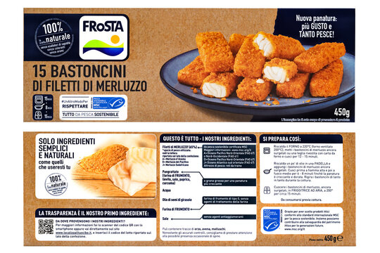 Frosta Bastoncini di Filetti di Merluzzo,pack of frozen cod fillet sticks,front and back view product packaging isolated.