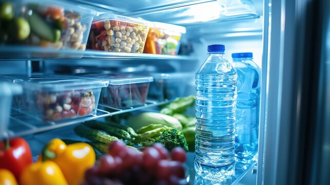Fresh vegetables, fruits, and water bottles neatly arranged in an organized refrigerator at home