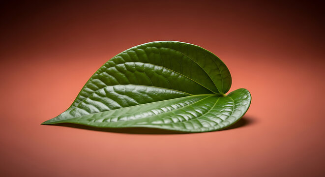A single green betel leaf displayed on a brown surface with soft lighting and visible leaf veins