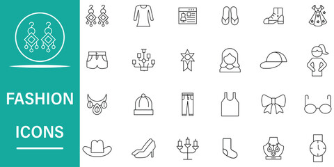 Fashion outline icon set. Set of line icons related to fashion, clothes, shoes, beauty, dress, gold, fabric, tailor, accessories, cawing, clothing, and more. Editable stroke vector illustration.