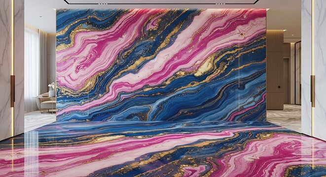 Striking abstract marble design in a luxurious interior setting with pink blue and golden colors creating a visually captivating backdrop for art and design projects