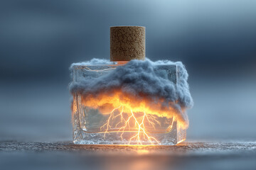 bottle of teal liquid containing lightning bolt, gray background, glowing energy effect, vibrant and dynamic visual feel,